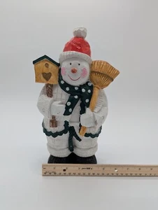 SNOWMAN Figurine Holding A Broom & Birdhouse - Picture 1 of 10