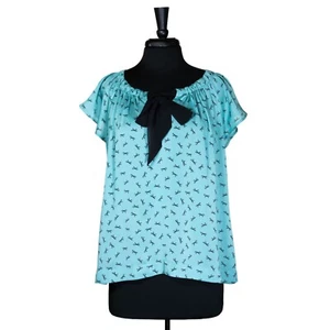 Ann Taylor LOFT Damen Bluse Blau Schwarz Schleife Band Kokett Romantisch Top PL - Bild 1 von 7