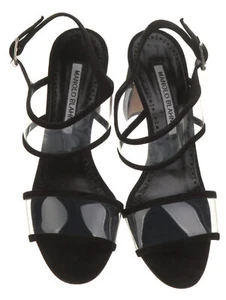 MANOLO BLAHNIK 37.5 Khan Black Suede and PVC Heels Sandals 7 - Picture 1 of 5