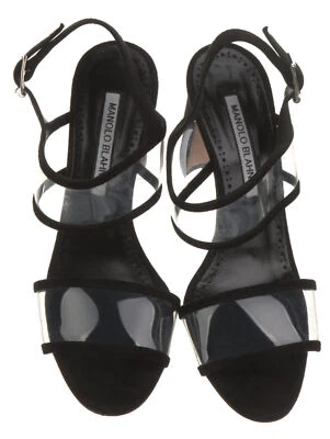 MANOLO BLAHNIK 37.5 Khan 黑色麂皮绒 PVC 高跟鞋凉鞋 7 — 第 1/4 张图片