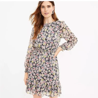 Loft Shimmer Floral Smocked Flounce Dress Long Sleeve Gray Pink Feminine Sz M - Image 1 of 4