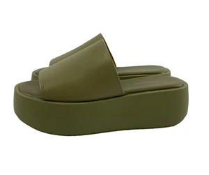 Anthropologie Leather High Platform Wedge Sandal Green Slip On Womens 38 US 7.5 - Picture 1 of 15