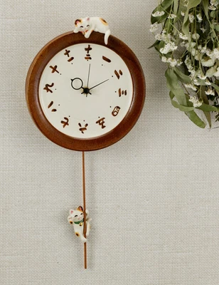 Japanese Pair Lucky Cat Manekineko Pendulum Wall Clock Pottery SETO ware Gift - Image 1 of 4