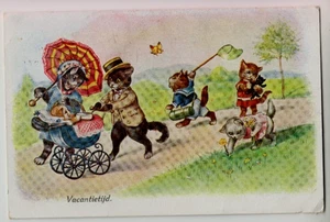 Vintage Postcard Anthropomorphic Cats / Dressed Cats - On Holidays - Picture 1 of 2