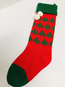 Vintage Kurt S. Adler 20" Christmas Stocking 1986 Knit Red Green Glitter Trees - Bild 1 von 6