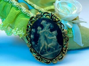 Vintage Gold Metal Black Cameo Brooch Signed - Picture 1 of 12
