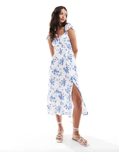 C145 Hollister Blue White Floral Midi Dress XXL Petite NWT V-Neck Flutter Sleeve - Picture 1 of 5