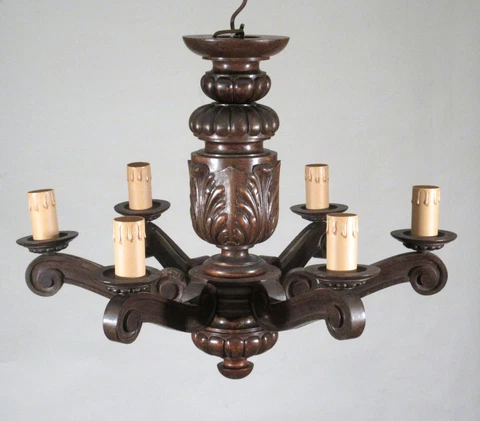 Large Vintage French Wooden Chandelier, Six Lights, Acanthus, Gadroon Cover