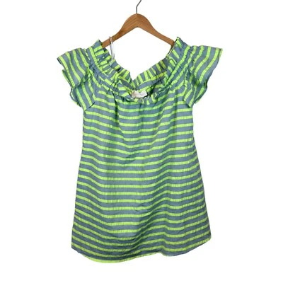 Corey Lynn Calter Striped Shift Dress Ruffle Off Shoulder Size Medium Neon Green - Image 1 of 4