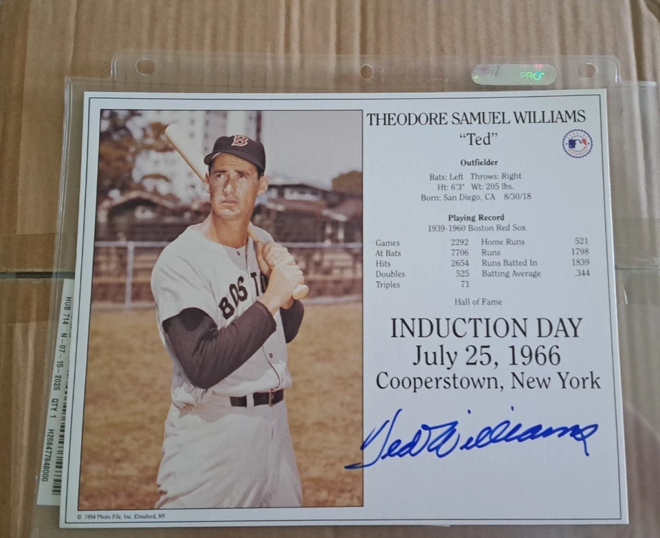 TED WILLIAMS SIGNED AUTOGRAPHED 8X10 HALL OF FAME INDUCTION DAY CARD RED SOX - Image 1 of 1