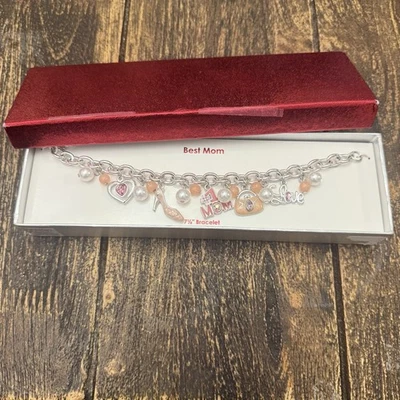 Brazalete Cadena 7.5" Plata-T Perla Rosa Cristal Melón Cuentas Esmalte #1 MAMÁ Dije Foto 1 de 4