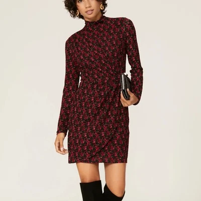 Black Halo Mockneck Rose Floral Mini Dress Size 10 Long Sleeve Designer $375 - Image 1 of 4