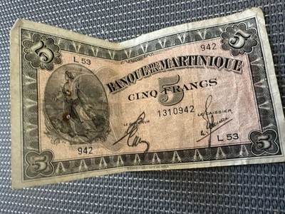 Martinique 5 Francs 1942  Banque de la Martinique, Series L53 - Image 1 of 4