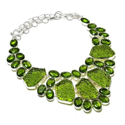 Collar Joyería Moldavita Natural, Peridoto Plata de Ley 925 18" Regalo E814 Foto 1 de 4