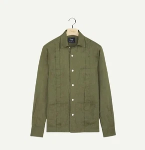 BNWT Drake's Khaki Green Linen Long Sleeve Cuban Guayabera Shirt Small Sold out - Picture 1 of 13
