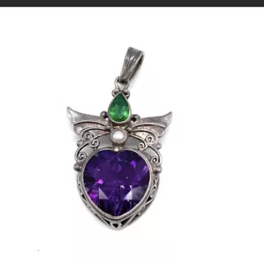 Shankari Pendant 925 Sterling Silver Artisan, Amethyst And Green Crystal & Pearl - Picture 1 of 4