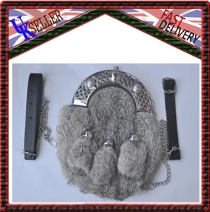 SCOTTISH FULL DRESS SPORRAN GREY RABBIT FUR & CHROME CELTIC CANTLE - Picture 1 of 1
