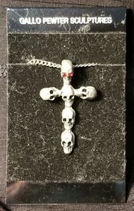 Vtg Gallo Pewter 24" Necklace Skulls Forming A Cross Pendant Red Jeweled Eyes - Picture 1 of 5