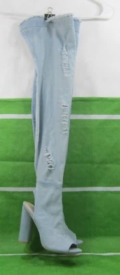 Botas Denim Azul Rip 4.5" Bloque Tacón Alto Sobre la Rodilla MUJERES Talla 5 Foto 1 de 4