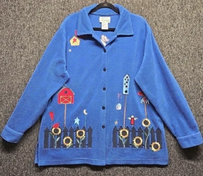 Quacker Factory Fleece Jacket Shacket Womens XL Blue Sunflowers Birds Whimsy - Image 1 of 4