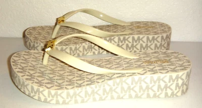 MICHAEL KORS Bedford MK Signature White Vanilla Wedge Flip-Flop Thongs Size 10 - Image 1 of 4