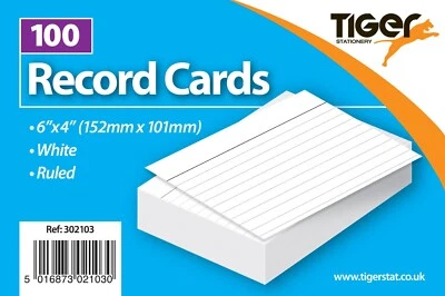 TIGER STATIONERY Pack of 100 Record Cards Ruled 6" x 4" - Revision Index Cards