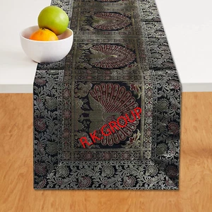 Blue Peacock Printed Table Runner Wall Tapestry, Brocade, 60 Inch Silk Formal - Picture 1 of 7