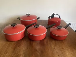 More details for vintage regal ware poppy red aluminum set 4 pan + kettle.little usage very rare