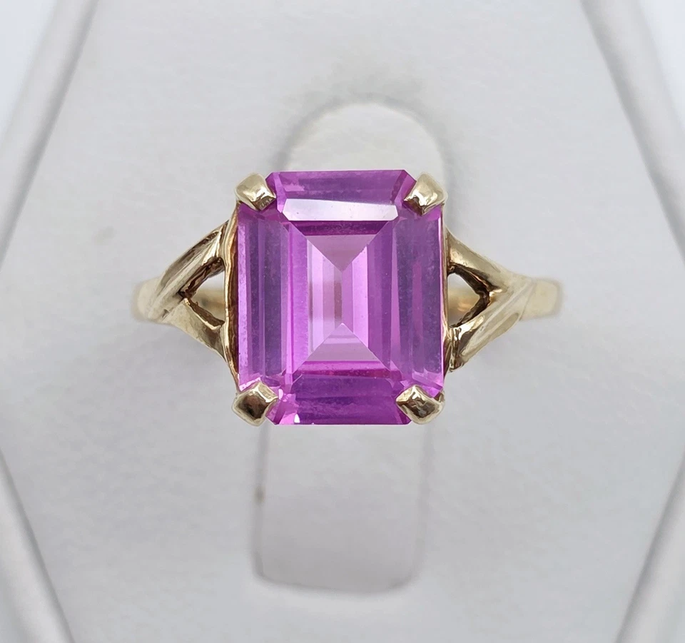 Anillo Vintage Abedules Oro 10k Zafiro Rosa Corte Esmeralda Art Deco Antiguo Talla 6.25 Foto 1 de 4