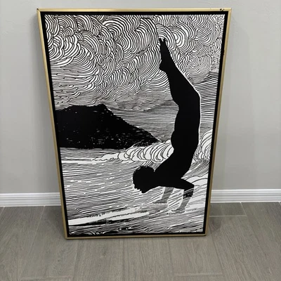 C 1930 Framed Don Blanding Surfer And Waikiki Pen Ink Drawing Canvas Art Hawaii - Image 1 of 4