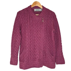 Aran Crafts Merino Wool Cable Knit Zip Front Cardigan Sweater Jacket Burgundy M - Picture 1 of 7