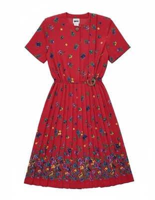 Leslie Fay Petite Vtg Red Purple Floral Belted Pleated Midi Dress Sz 10 Modest - Image 1 of 4