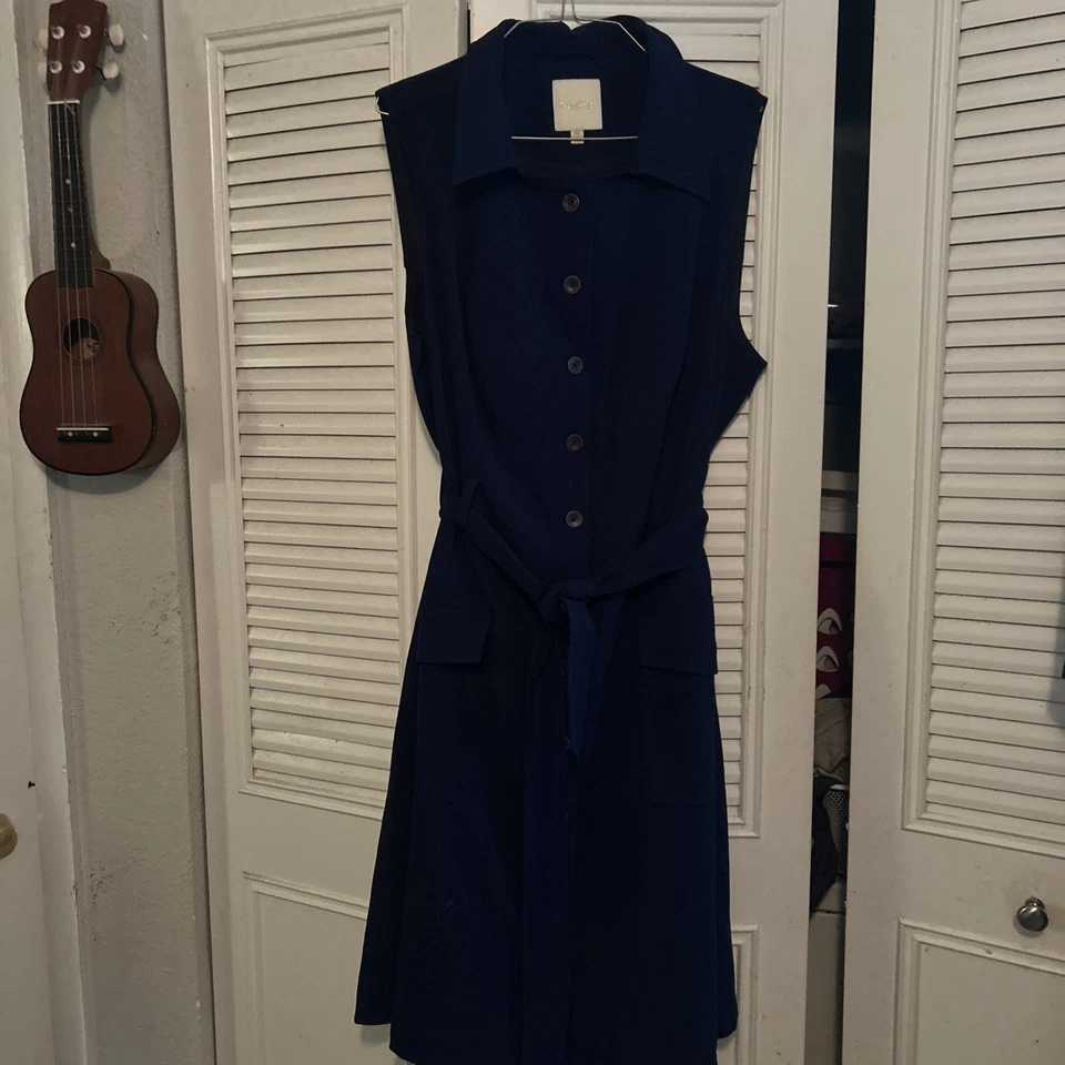 MODCLOTH Women’s Dress 1X Navy Blue Buttons Pockets Tie Sleeveless Knee Heavy - Image 1 of 4