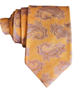 CM Gold Mens Tie Orange Jacquard Paisley Handmade Silk Long Necktie 63 x 3.75 ๐ - Picture 1 of 6