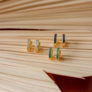 Opal Inlay Huggie Earrings Set Dainty White Opal Earrings, Blue & Green Gemstone - Picture 1 of 9