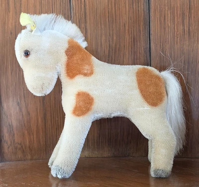 Steiff 3750/17 Pony Pferd Mohair weiß-braun gefleckt 17cm KF 60er 70er Vintage - Bild 1 von 4