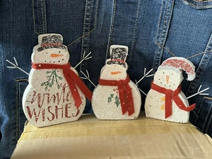 Snowman Winter Wishes Chunky Wood Shelf Sitter Primitive Christmas Mica Set of 3 - Picture 1 of 12