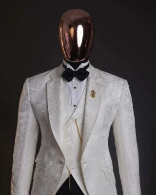 Men White Single Breasted Suit Jacquard Tuxedo Notch Lapel Party Wedding Custom - Image 1 of 4