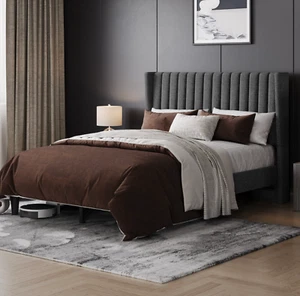 Marco De Cama Plataforma Tapizada en Tela Gris Oscuro Cama FULL Size Cabecera - Picture 1 of 7