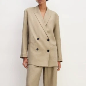 Everlane Linen Blazer Womens 12 Khaki Beige Business Double Breasted Office - Picture 1 of 14