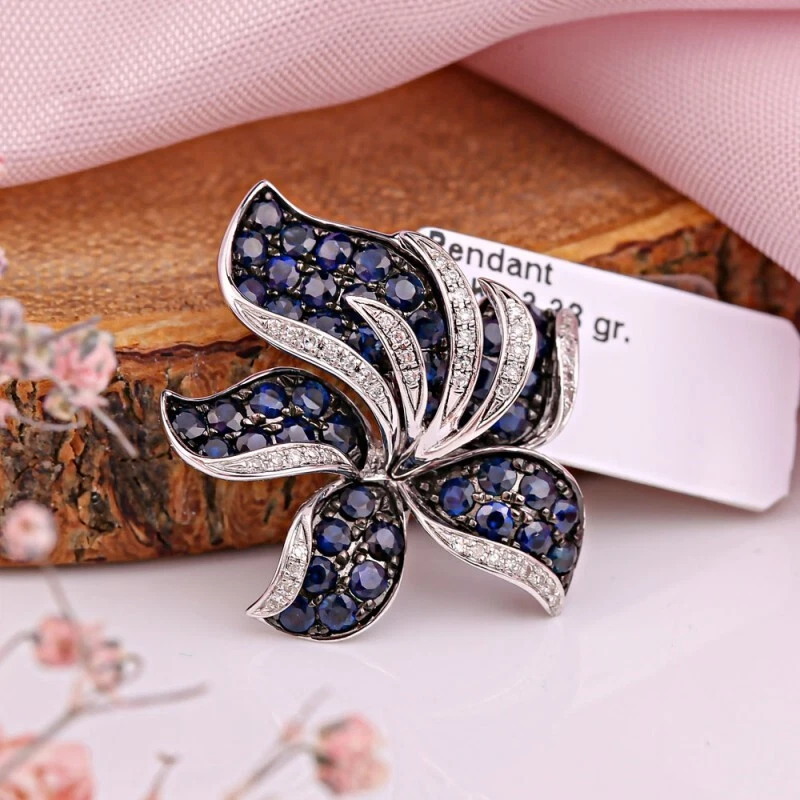 Weißgold 585/14kt Anhänger mit echten Diamanten und Saphir Neu SOKOLOV Jewelry