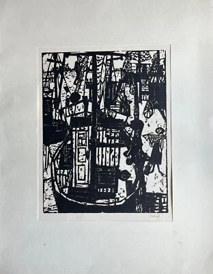 Holzschnitt Schiffe und Personen im Hafen Diether Grafik Kunst Hamburg 20. Jh. - Bild 1 von 4