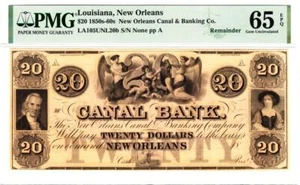 1850-60's $20 CANAL BANK, NEW ORLEANS LA CANAL BANK, PMG 65 EPQ- GORGEOUS NOTE! - Picture 1 of 12