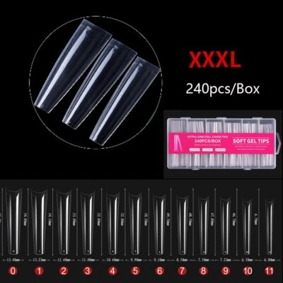 240Pcs C Curve Coffin False Nail Art Tips XXXL Full Cover Soft Gel Tips Clear - Image 1 of 3