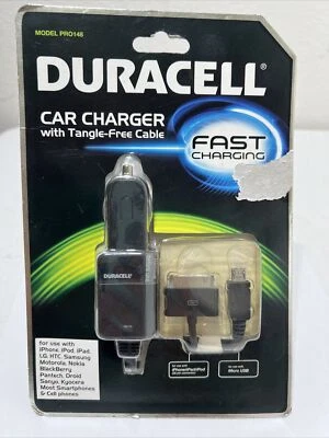 DURACELL PRO148 Car Charger Cable 30 Pin Micro USB Tangle Free 2014 iPod - Image 1 of 4