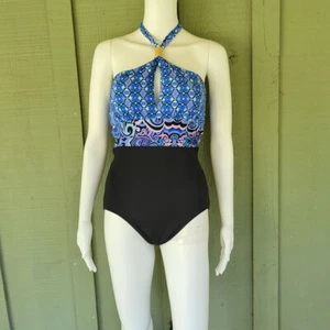 JANTZEN Blue Print Halter Top Swimsuit One Piece 8 - Picture 1 of 4