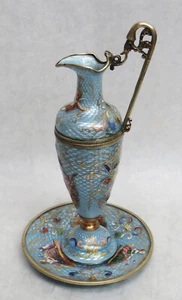 FABULOSO ESMALTE FRANCÉS PARÍS VINTAGE PLATA ESTERLINA 4 7/8" EWER & UNDERDISH - Imagen 1 de 17