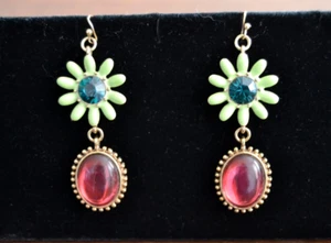 CAROLEE LUX Gold Tone PINK Crystal Wire Drop Earrings 2 Tone GREEN Flower - Picture 1 of 5