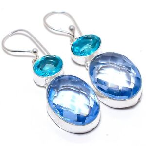 Tanzanite Quartz, Blue Topaz 925  Silver Jewelry Earring 2.1" W546