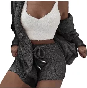 Women's Sexy Warm Fuzzy 3 Piece Outfits Pajamas Cozy Puffy Crop Top Cardigan - Picture 1 of 5